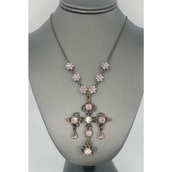 Vintage Nicky Butler Pink Moonstone Bronzetone Cross Statement Necklace in Box - Picture 10 of 12